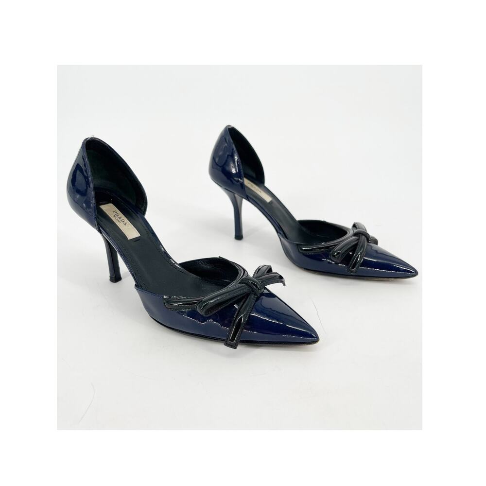 Prada Navy Blue Black Patent Leather Bow Pointed Toe D'Orsay Pump size IT 36.5